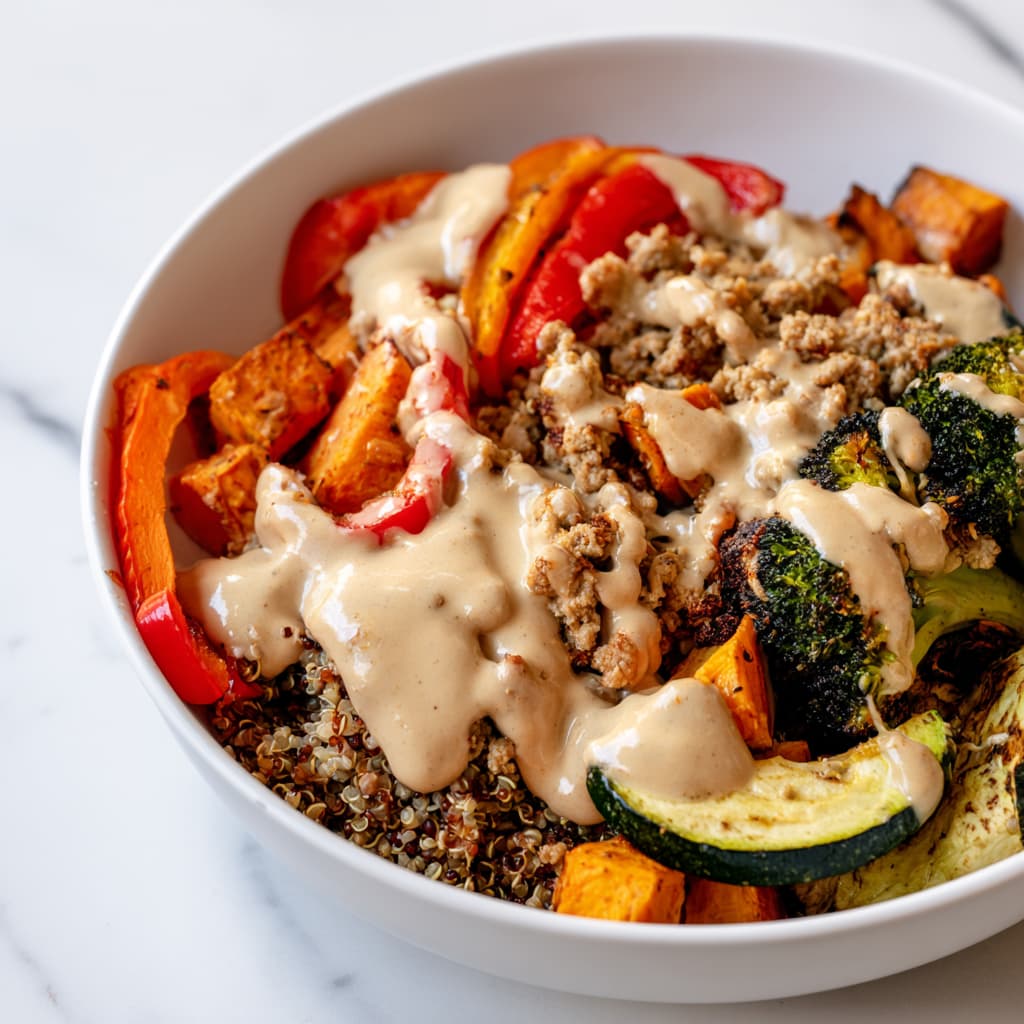 Close-up side angle of a veggie and turkey buddha bowl with quinoa, roasted sweet potatoes, broccoli, red bell pepper, zucchini, cooked ground turkey, and creamy tahini sauce