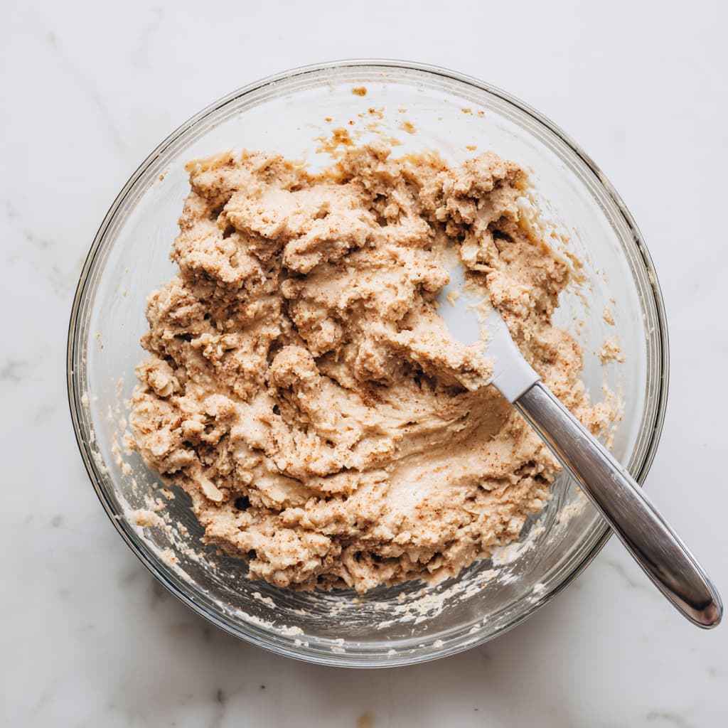Snickerdoodle protein bar dough mixed in a bowl with visible oats and cinnamon speckles.