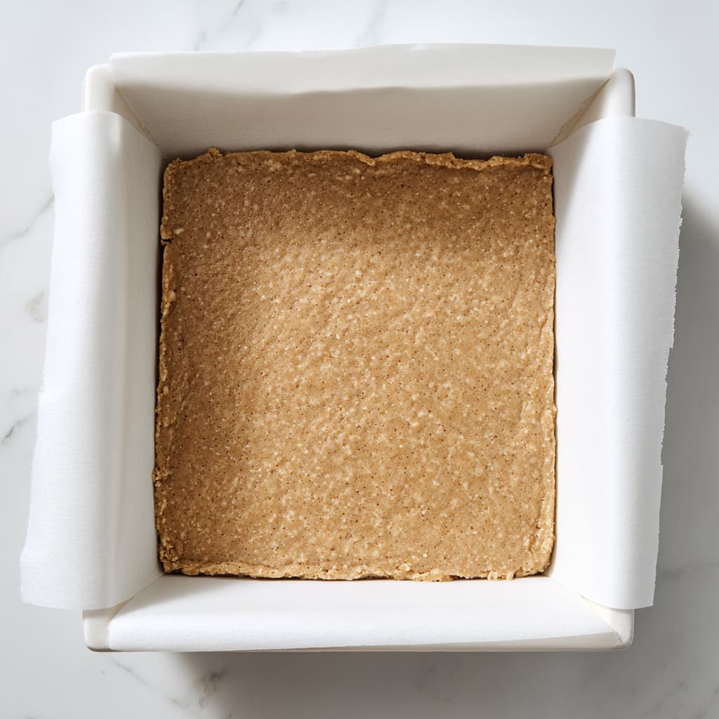 Protein bar dough pressed evenly into a parchment-lined square pan before chilling.