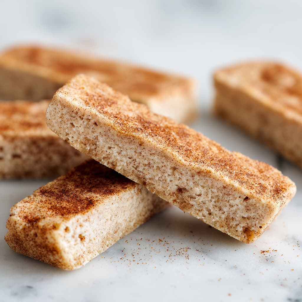 Close-up of snickerdoodle protein bars showing soft cinnamon-speckled interior.