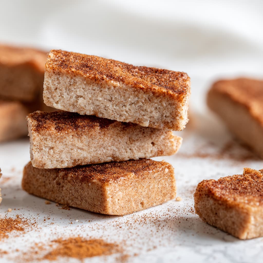 Healthy snickerdoodle protein bars stacked and sliced with cinnamon sugar topping.