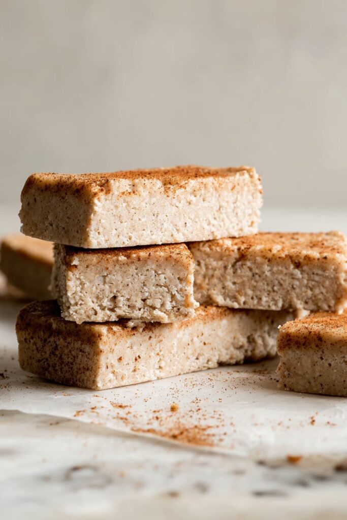 Healthy snickerdoodle protein bars stacked and sliced with cinnamon sugar topping.