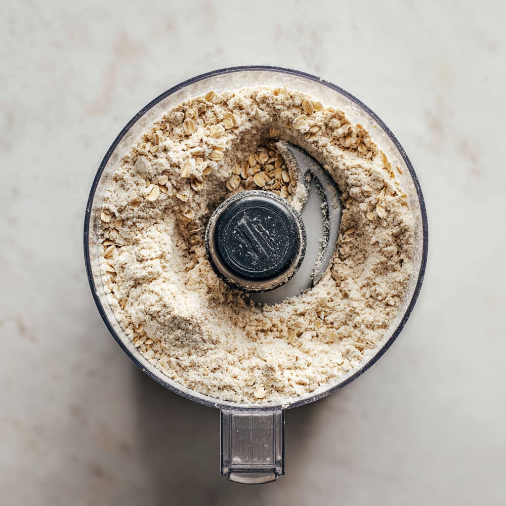 Rolled oats blended into coarse oat flour with protein powder, almond flour, cinnamon, and salt prepared in bowls on a marble surface.
