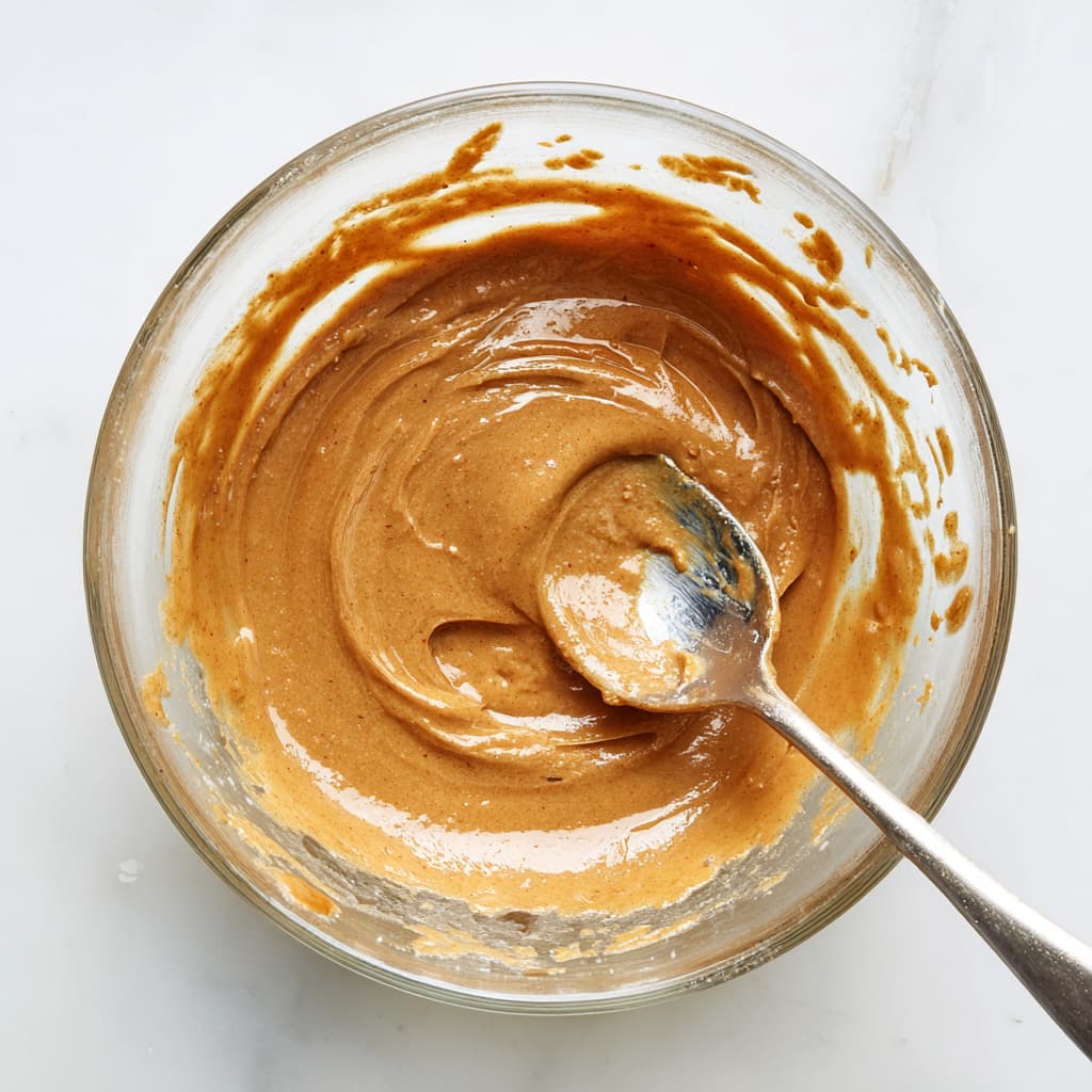 Almond butter, maple syrup, almond milk, and vanilla extract mixed into a smooth glossy mixture in a glass bowl.
