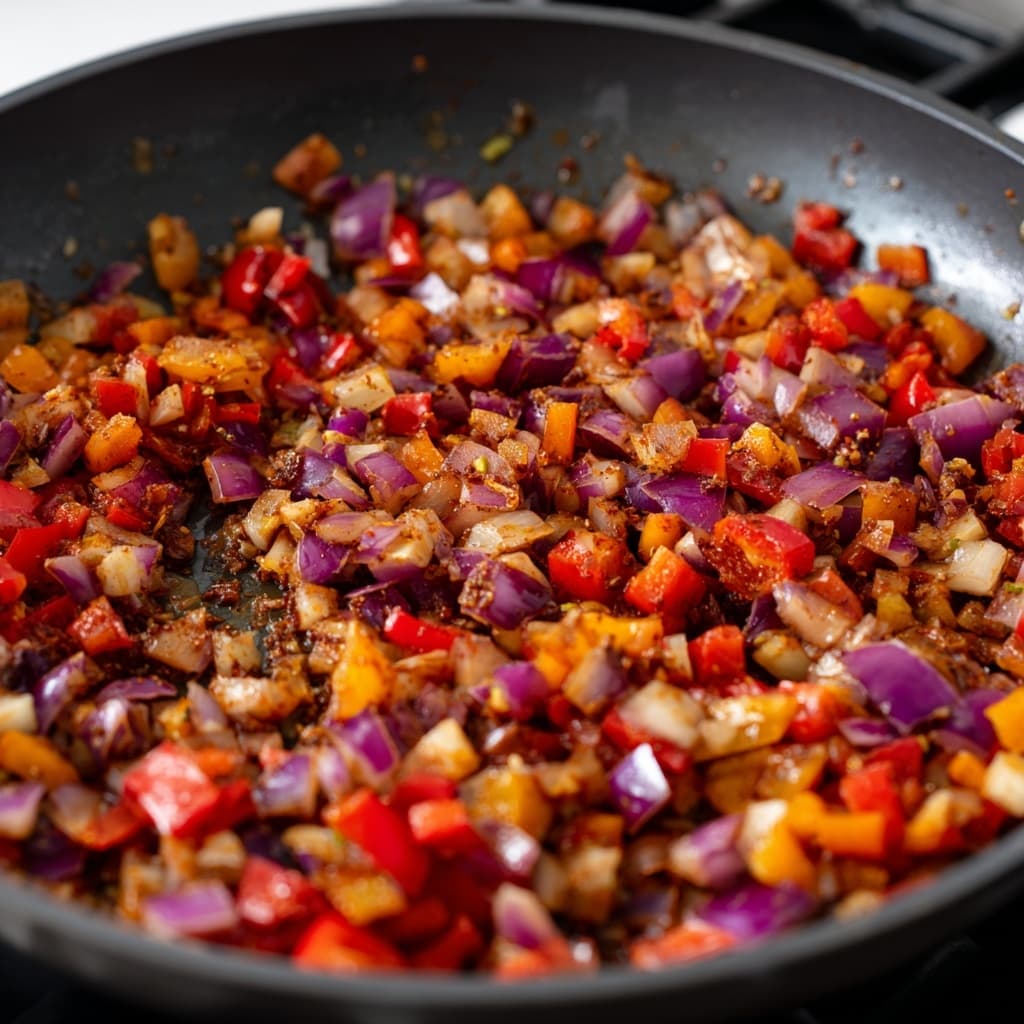 Cooked onion and bell peppers coated with spices in a skillet for a burrito bowl flavor base