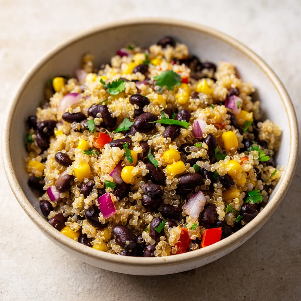 Angled view of a quinoa and black bean burrito bowl with corn, red onion, bell peppers, cilantro, and lime