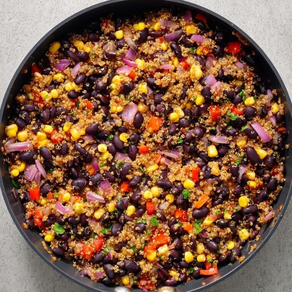 Finished quinoa and black bean burrito bowl mixture in a skillet ready to serve