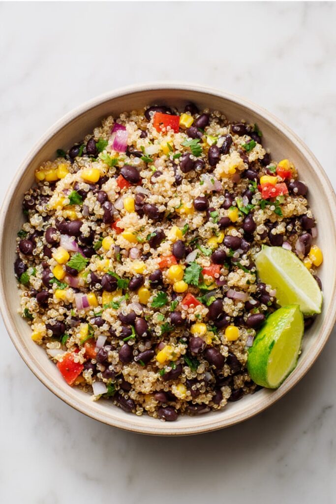Quinoa and black bean burrito bowl with corn, red onion, bell peppers, cilantro, and lime