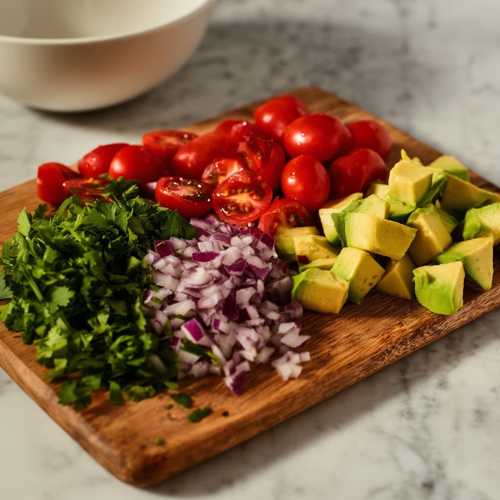 Diced avocado, halved cherry tomatoes, chopped red onion, and cilantro prepared on marble surface