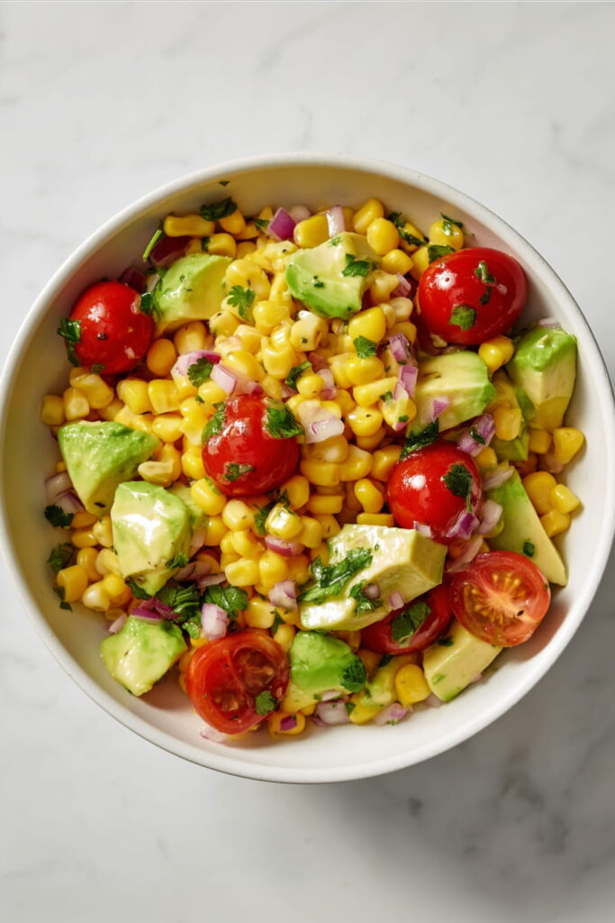 Corn avocado salad in a white bowl with yellow corn kernels, diced avocado, cherry tomatoes, red onion, and cilantro mixed with lime dressing