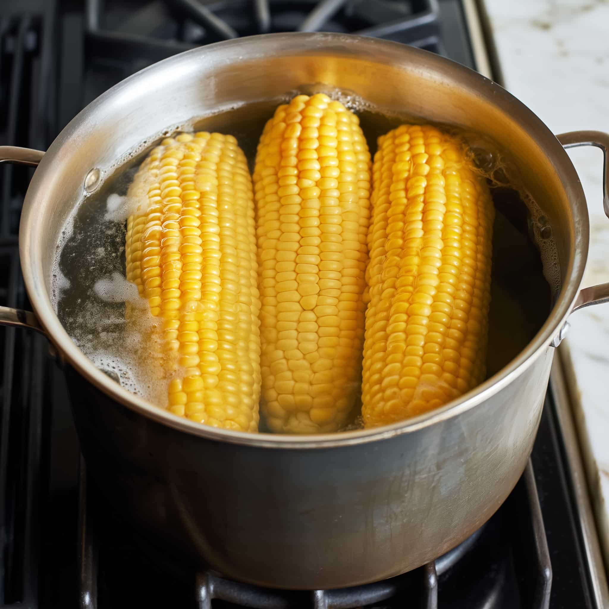 Fresh corn cobs boiling in a pot of water with bright yellow kernels cooking on stovetop