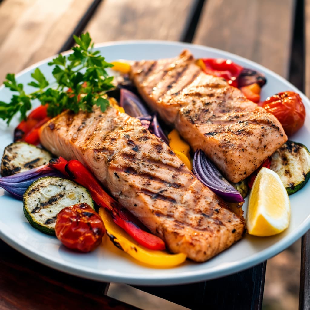 Grilled salmon served with charred vegetables, lemon wedge, and fresh herbs on a white plate, healthy high protein meal