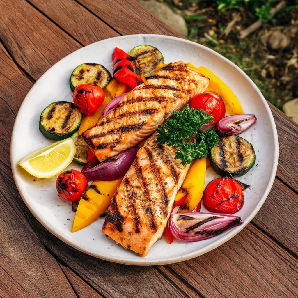 Grilled salmon served with charred vegetables, lemon wedge, and fresh herbs on a white plate, healthy high protein meal
