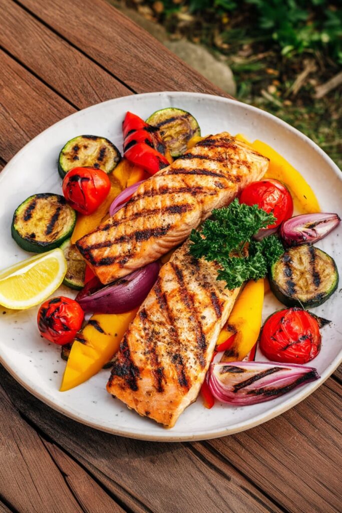 Lemon garlic grilled salmon with vegetables on a white plate, easy healthy high protein dinner idea