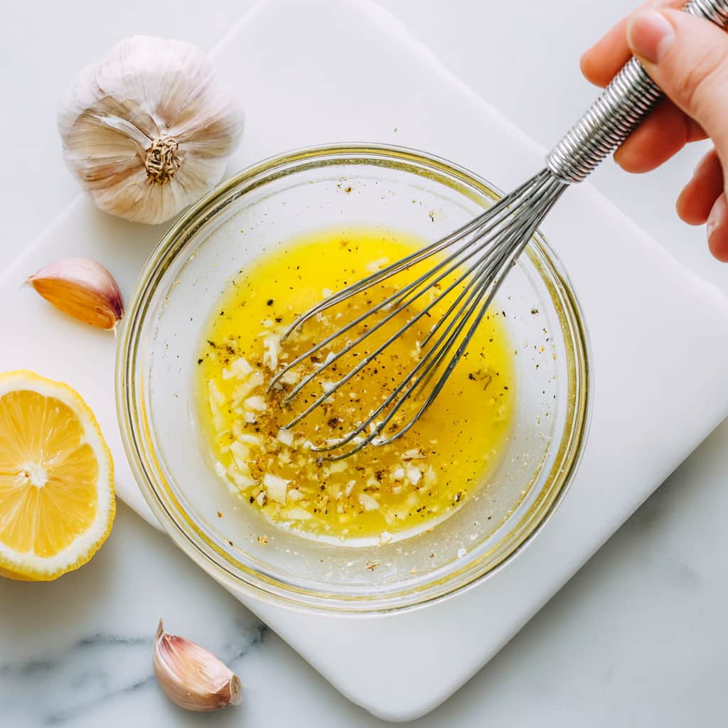 Olive oil, lemon juice, Dijon mustard, and minced garlic whisked together in a small glass bowl on a marble surface.
