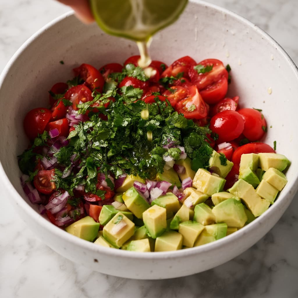 Lime juice and olive oil being added to avocado, tomato, onion, and cilantro mixture in bowl