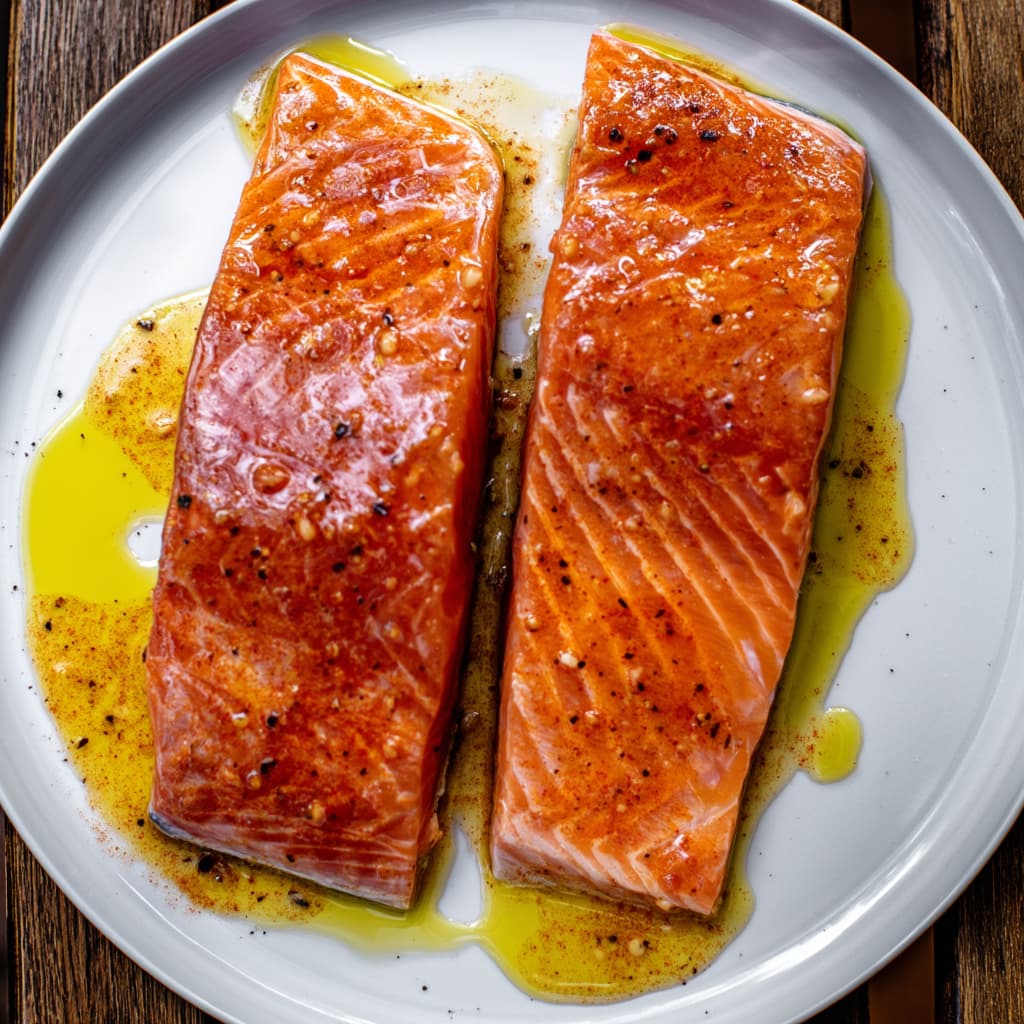 Raw salmon fillets coated in lemon garlic marinade with olive oil and seasoning on a white plate, ready for grilling high protein meal