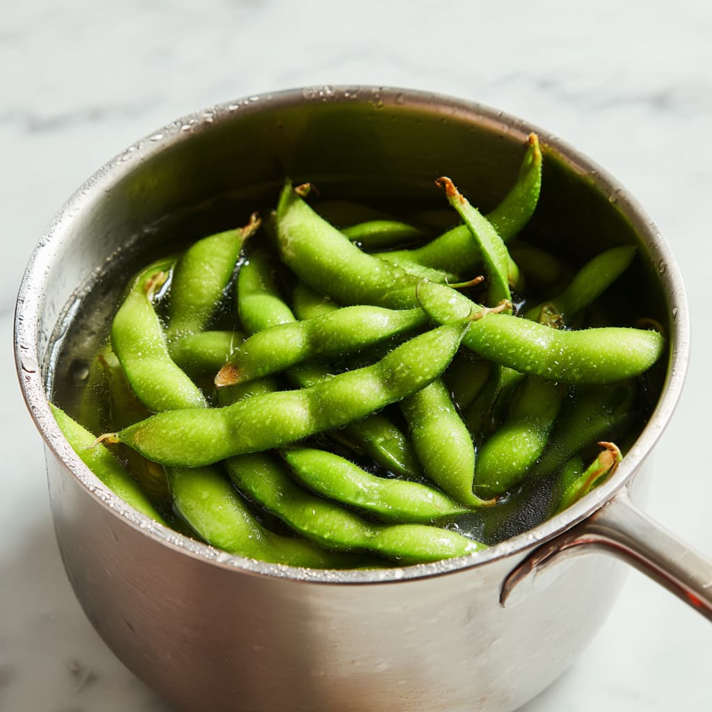 Cooked whole edamame pods in a stainless steel pot on a marble kitchen surface before removing the beans.