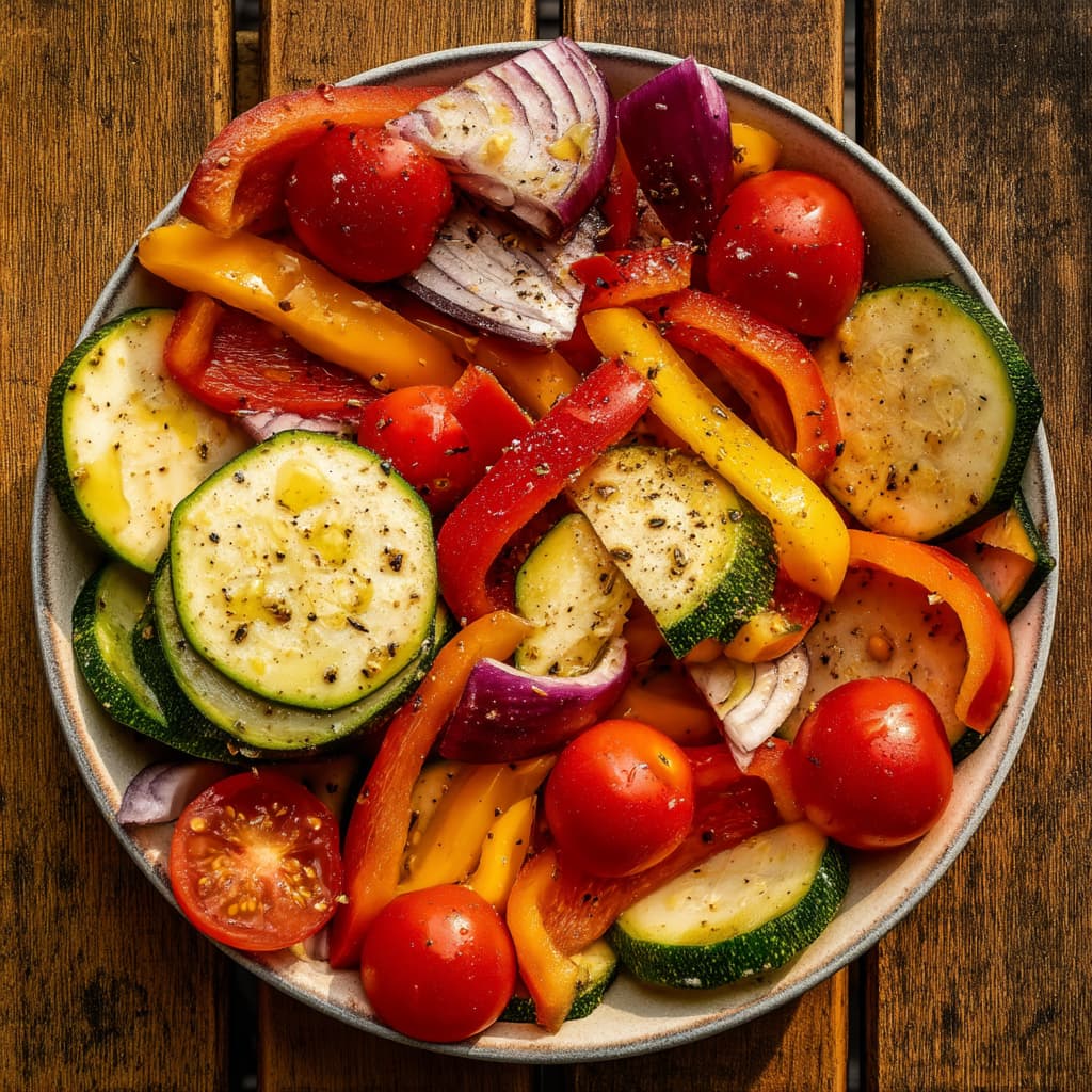 Sliced zucchini, bell peppers, red onion, and cherry tomatoes tossed with olive oil and seasoning, ready for grilling healthy side