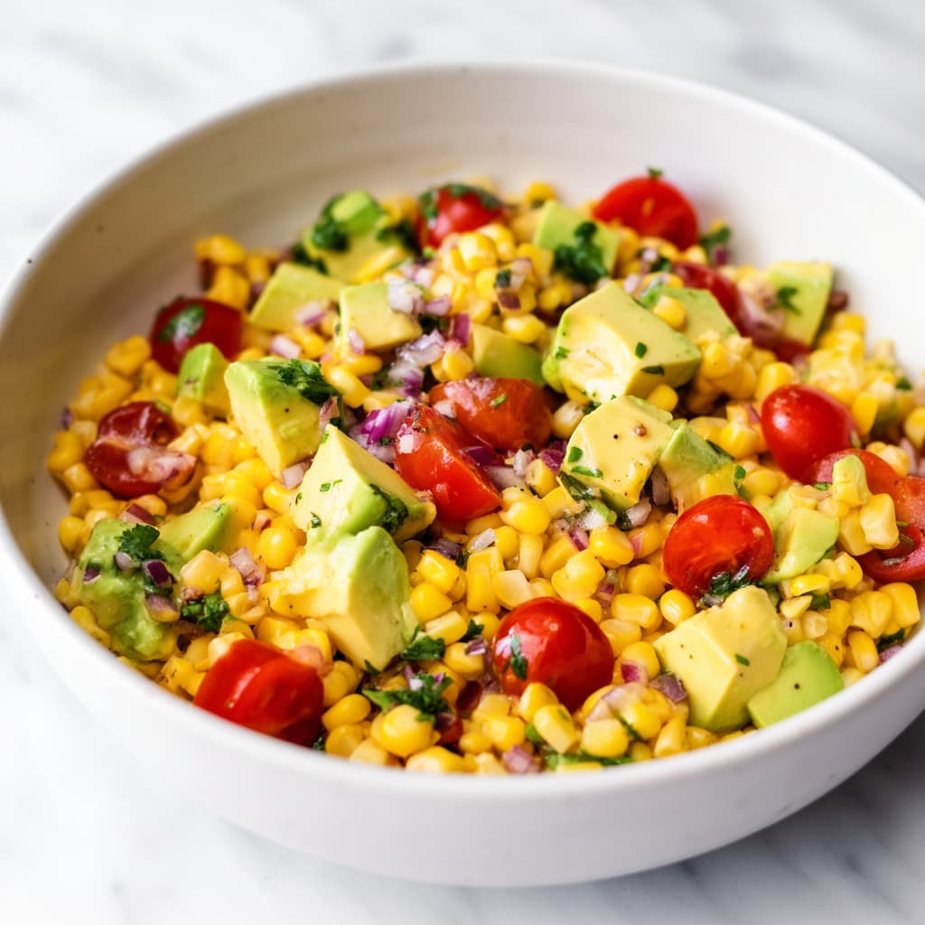 Salt and pepper being sprinkled over finished corn avocado salad in white bowl