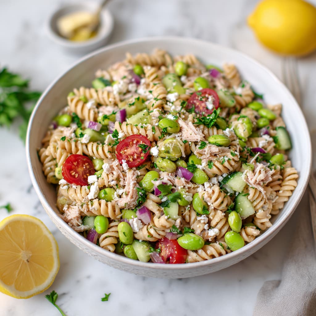 Tuna and edamame pasta salad in a white bowl topped with feta cheese, cherry tomatoes, cucumber, and parsley.