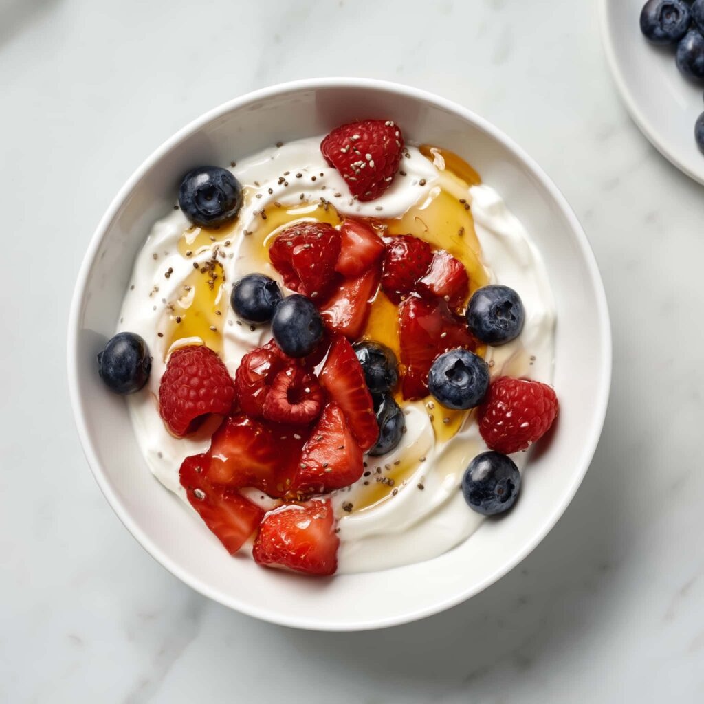 Greek yogurt bowl topped with sliced strawberries, blueberries, raspberries, honey drizzle and chia seeds on a marble surface