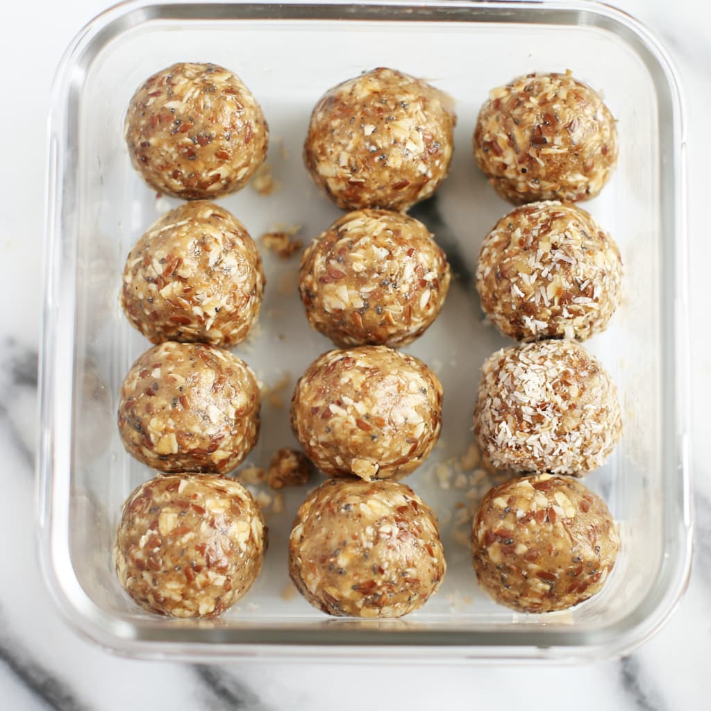 balls stored in a container ready for meal prep and snacking