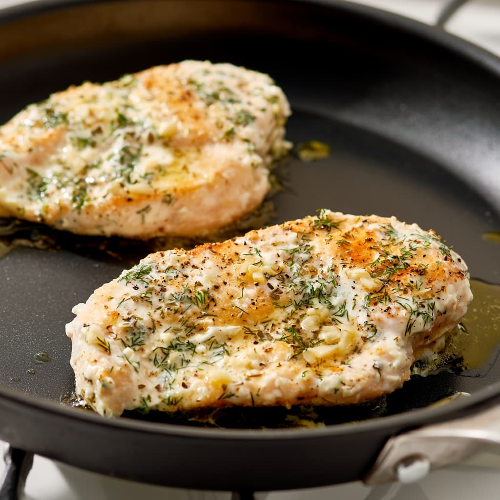 marinated chicken breasts cooking in a pan with a light golden crust forming on the surface