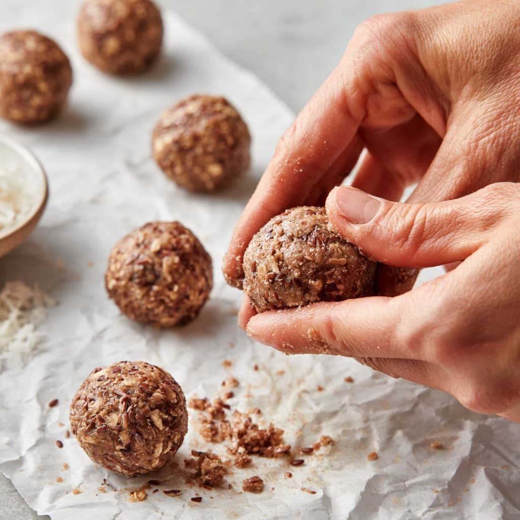 Rolling balls by hand on parchment paper with visible oats and seeds