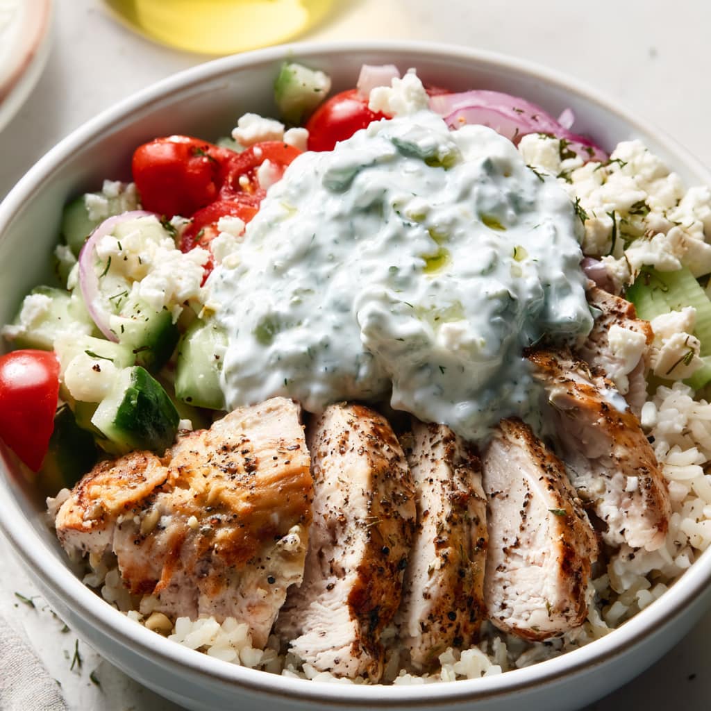 Greek chicken bowl with rice, sliced chicken, tomatoes, cucumber, red onion, feta, and tzatziki sauce