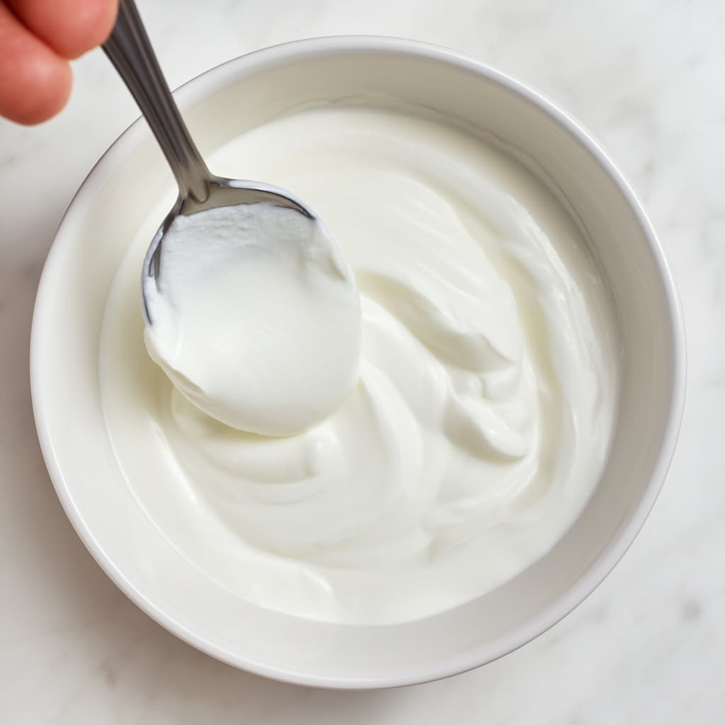 Thick plain Greek yogurt placed into a white ceramic bowl on a marble surface