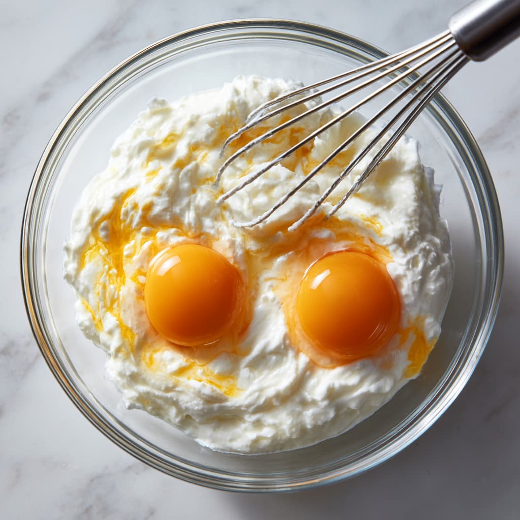 Oat flour, protein powder, baking powder, and cinnamon added to yogurt and egg mixture in a bowl before mixing.