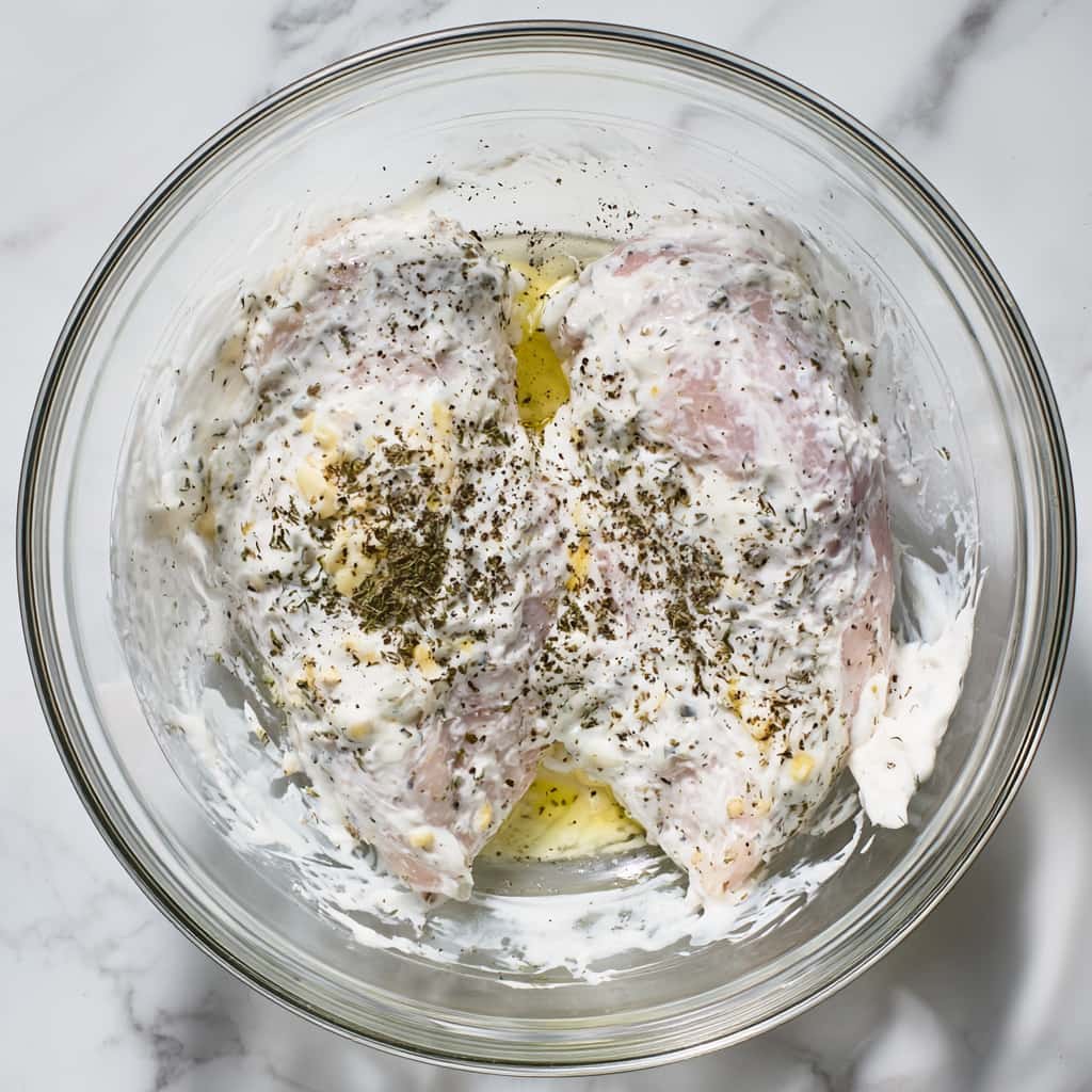 Raw chicken breasts coated in thick Greek yogurt marinade with garlic, oregano, dill, and olive oil in a glass mixing bowl