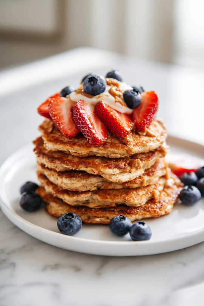 Fluffy Greek yogurt protein pancakes topped with sliced strawberries, blueberries, yogurt, and almond butter.