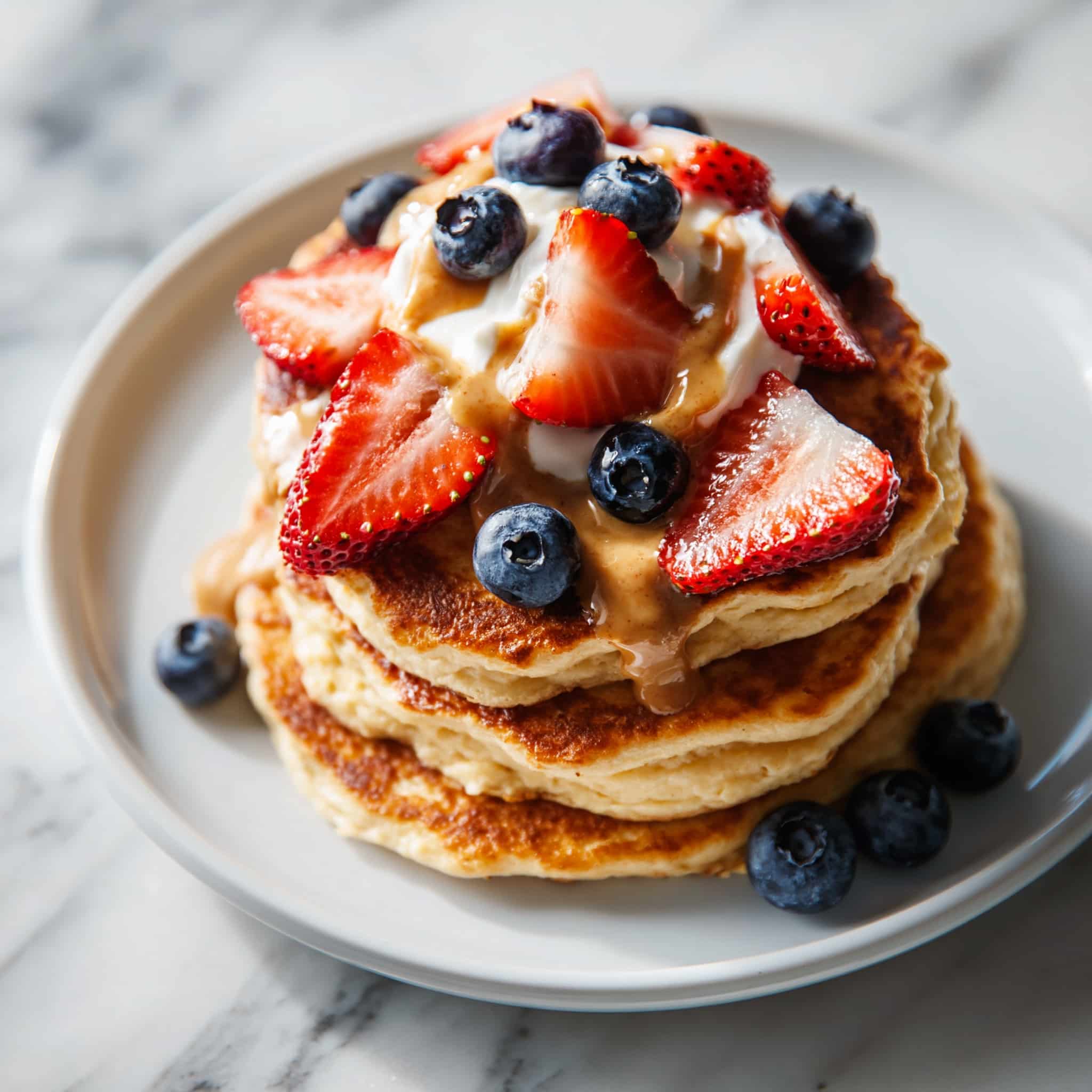 Stack of Greek yogurt protein pancakes topped with halved strawberries, blueberries, yogurt, and almond butter on a white plate.