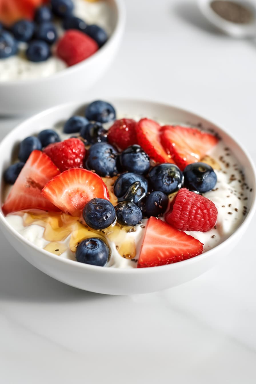 Greek yogurt bowl topped with blueberries, sliced strawberries, raspberries and honey drizzle in a white ceramic bowl on a marble surface