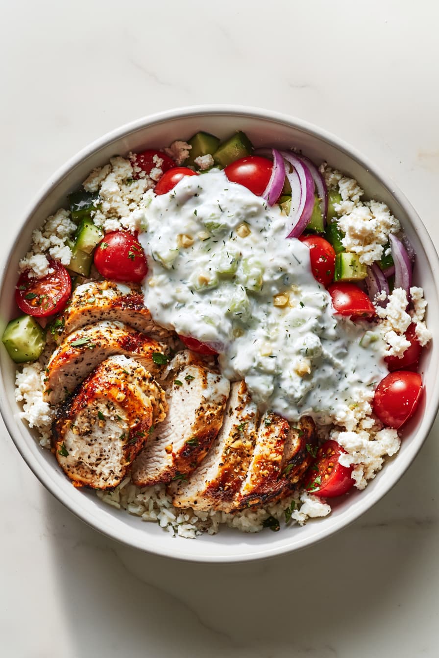 High protein Greek chicken bowl with grilled chicken, rice, fresh vegetables, feta cheese, and tzatziki sauce