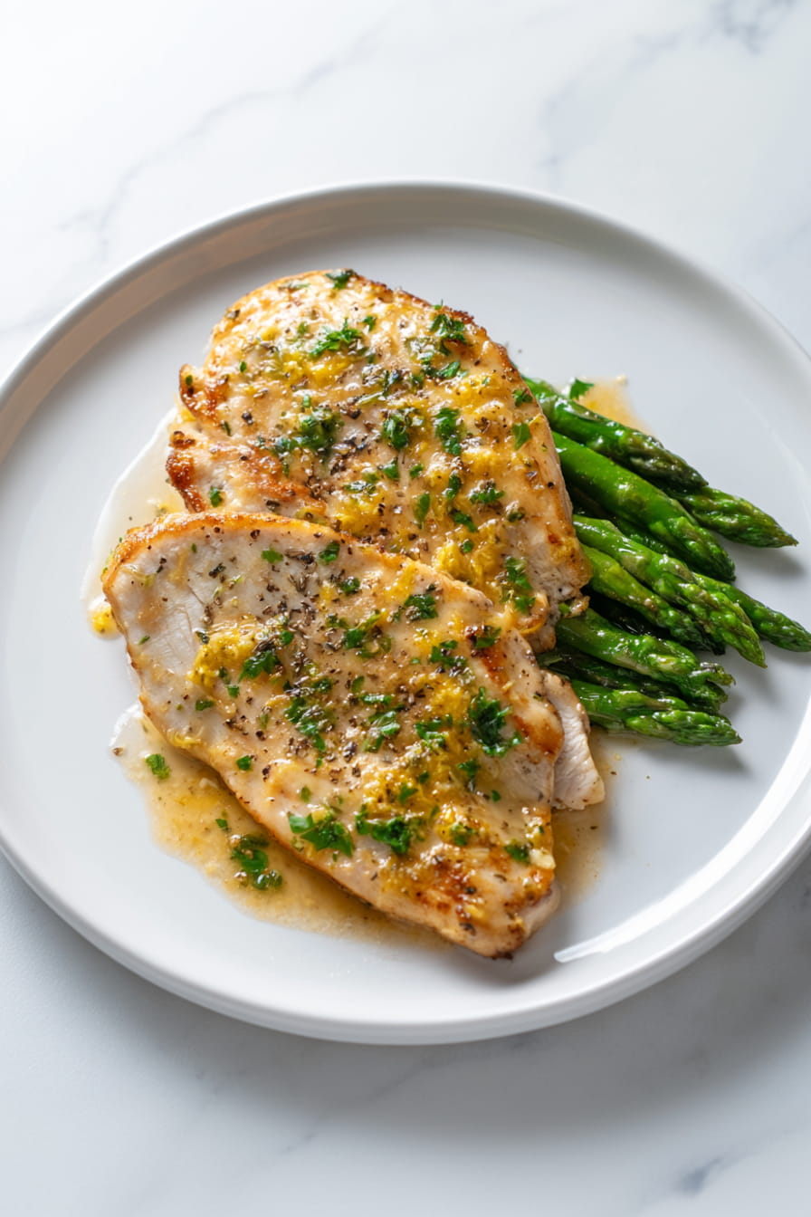 High protein lemon chicken with asparagus served on a plate with lemon and parsley