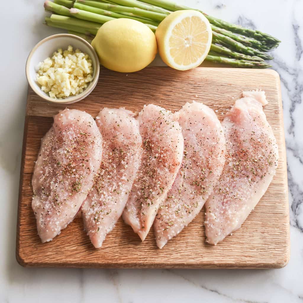 Seasoned chicken breast cutlets with visible spices on a marble surface with garlic, lemon and asparagus nearby