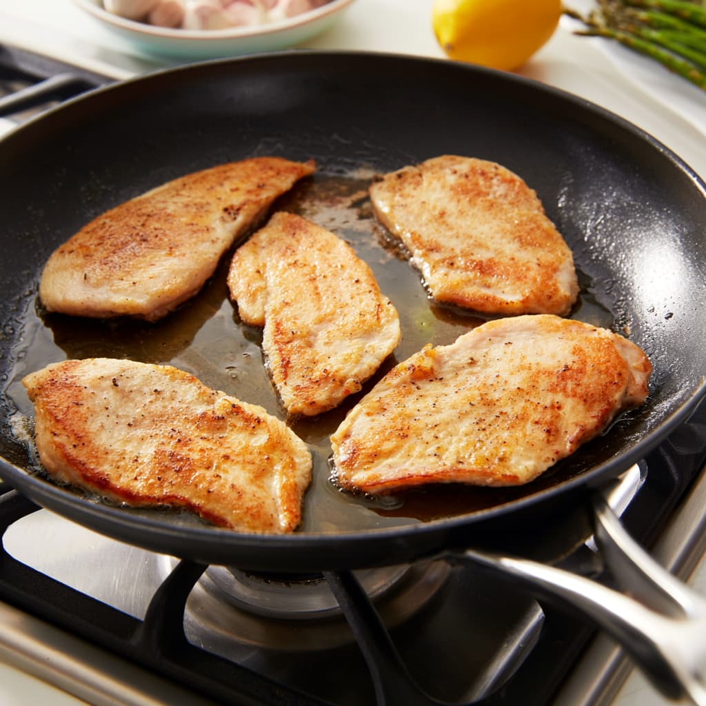Chicken cutlets cooking in skillet with visible golden sear and seasoning