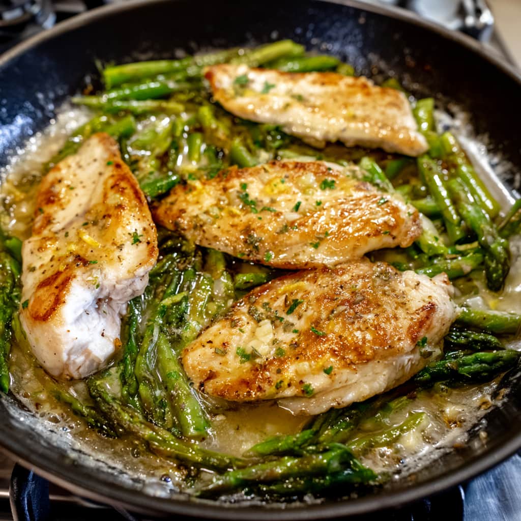 Chicken and asparagus combined in skillet coated in lemon sauce