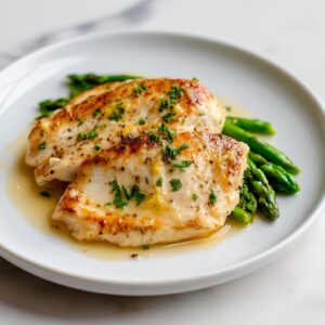 High protein lemon chicken with asparagus served on a plate with lemon and parsley
