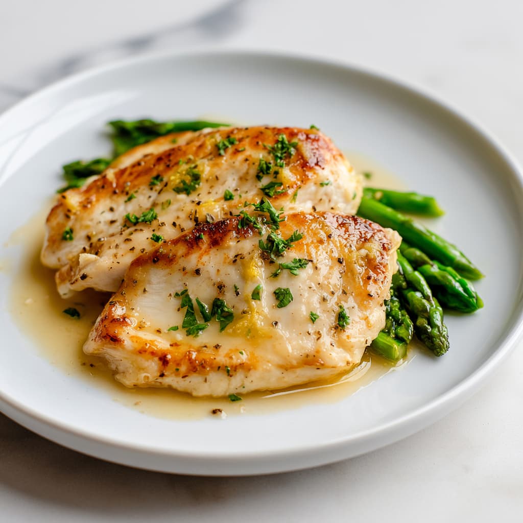 High protein lemon chicken with asparagus served on a plate with lemon and parsley