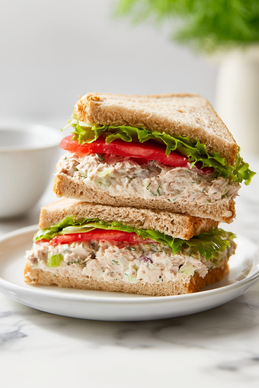 tuna salad sandwich made with greek yogurt no mayo served on a plate with visible creamy filling