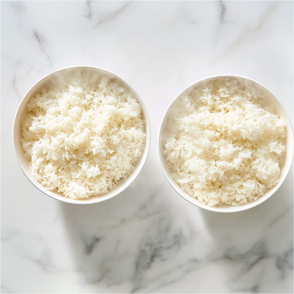 Freshly cooked white rice placed in a ceramic bowl as the base