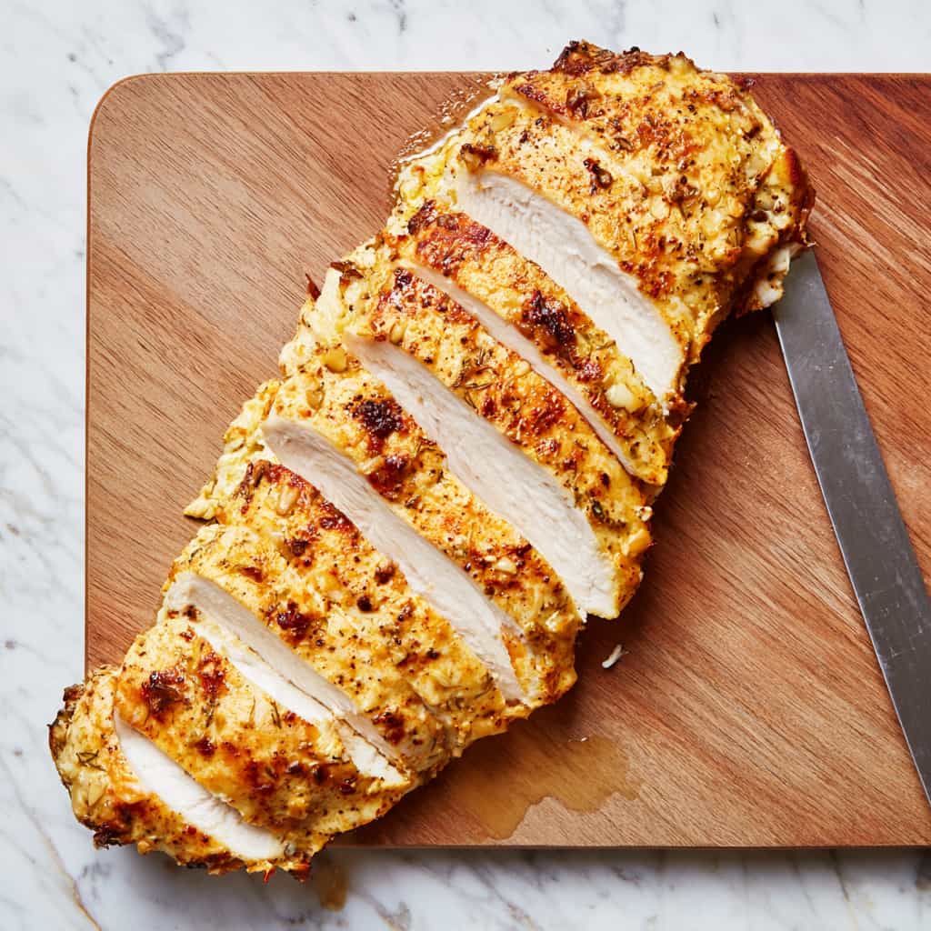 Cooked chicken breast sliced into strips showing juicy interior and lightly browned edges on a cutting board