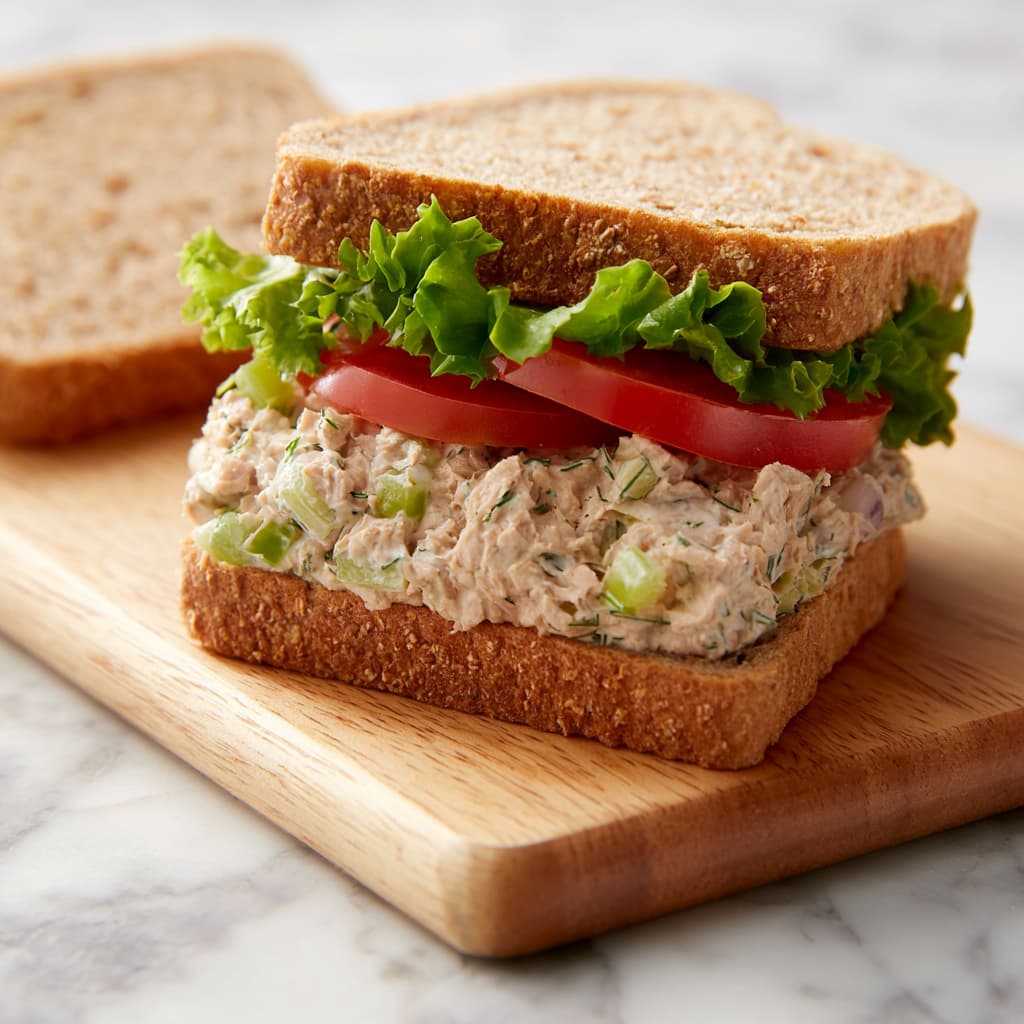 tuna salad spread on whole wheat bread with lettuce and tomato being assembled into a sandwich