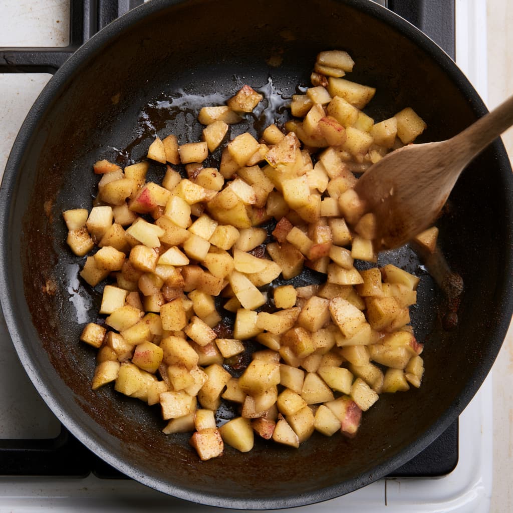 Diced apples cooking in a skillet with cinnamon, maple syrup, vanilla, and coconut oil until soft and glossy.