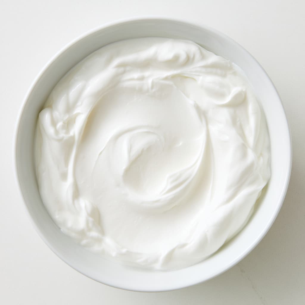 Thick Greek yogurt spread into a white bowl creating the creamy base for the cinnamon apple yogurt bowl.