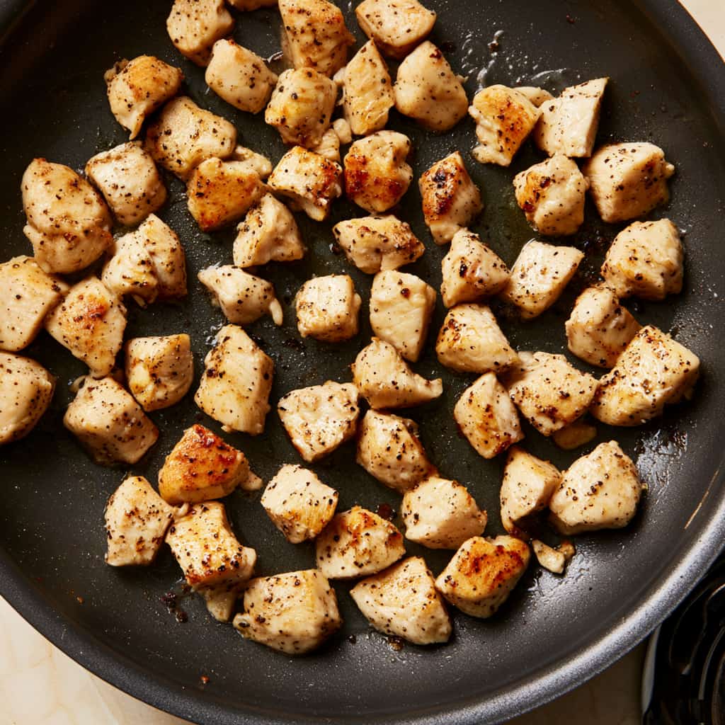 Diced chicken breast pieces cooking in a dark skillet with light golden browning and black pepper seasoning.